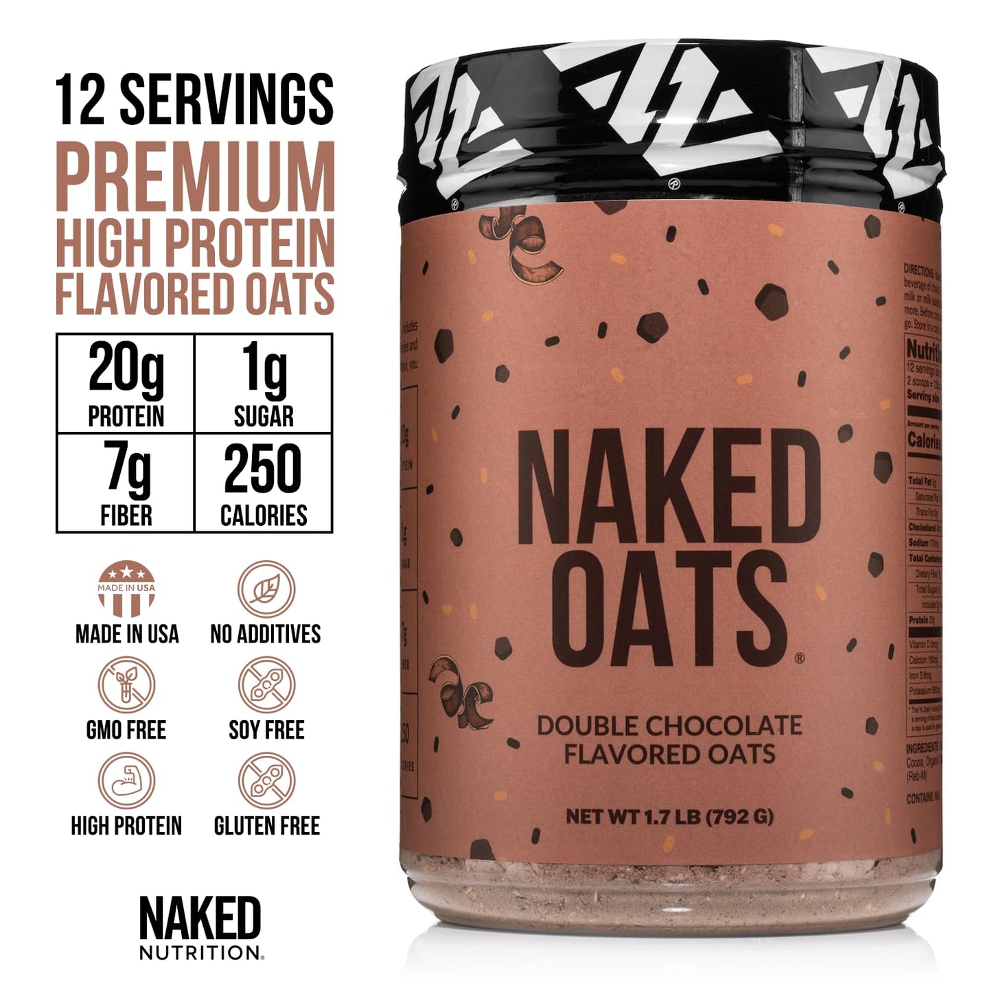 NAKED Double Chocolate Overnight Oats, 20g Protein, Gluten-Free, High Fiber, 12 Servings