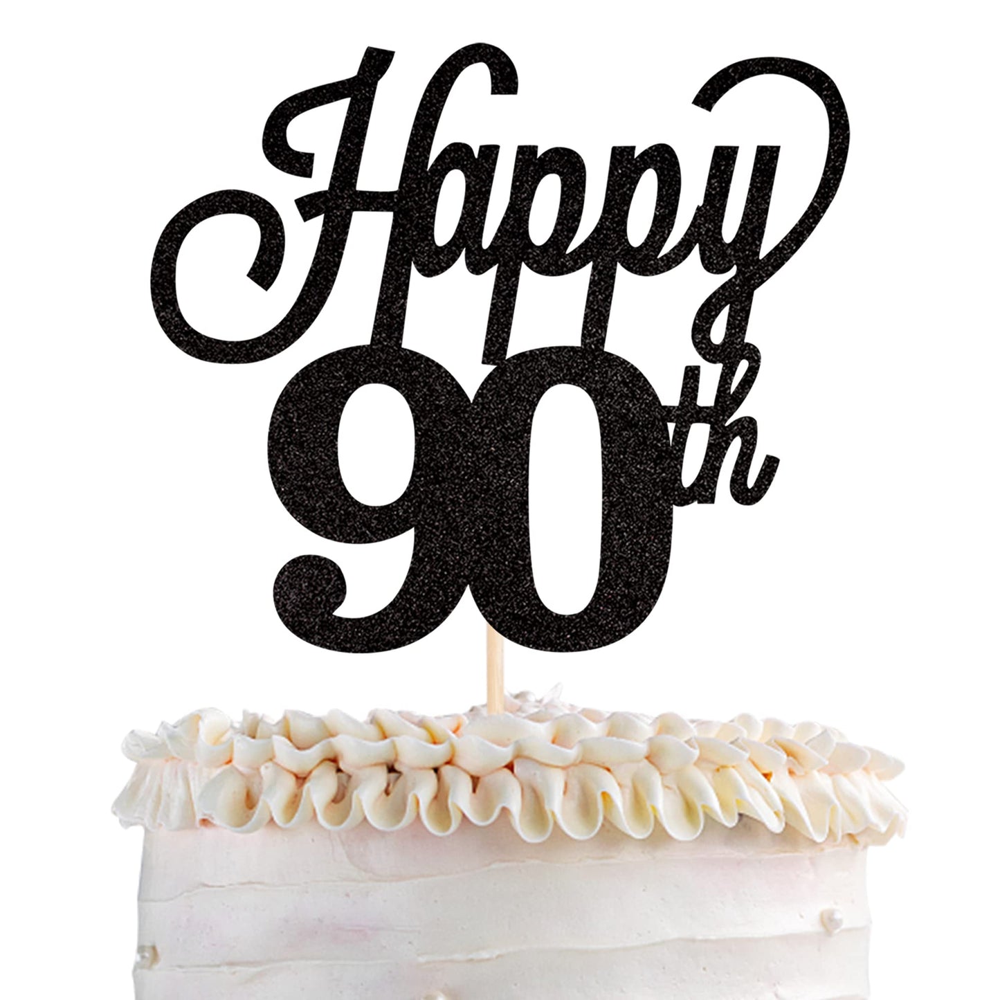 YCTHUNFISH 90th Birthday Cake Topper Black Glitter Bamboo Decoration for 90th Anniversary Party Supplies