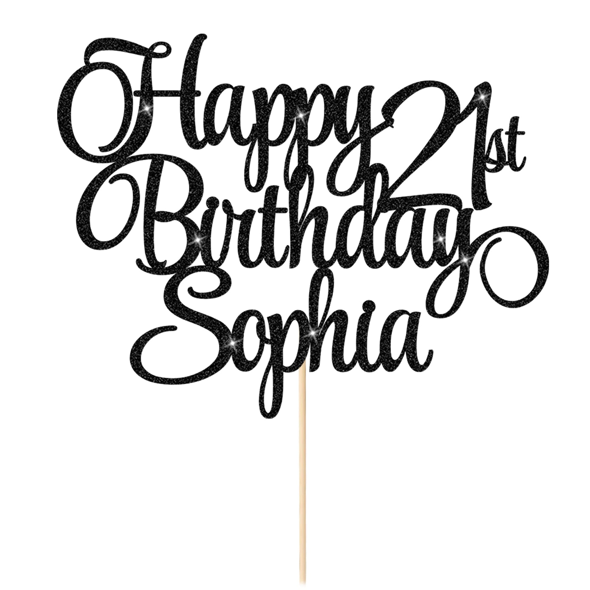 EDSG Happy Birthday Cake Topper Personalized Double-Sided Glitter, Any Age & Name, Black