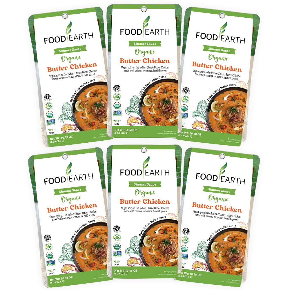 Food Earth Indian Simmer Sauce - Butter Chicken - Organic, Vegan, Gluten-Free, GMO-Free - Microwavable Cooking Sauce - 12 Pouche