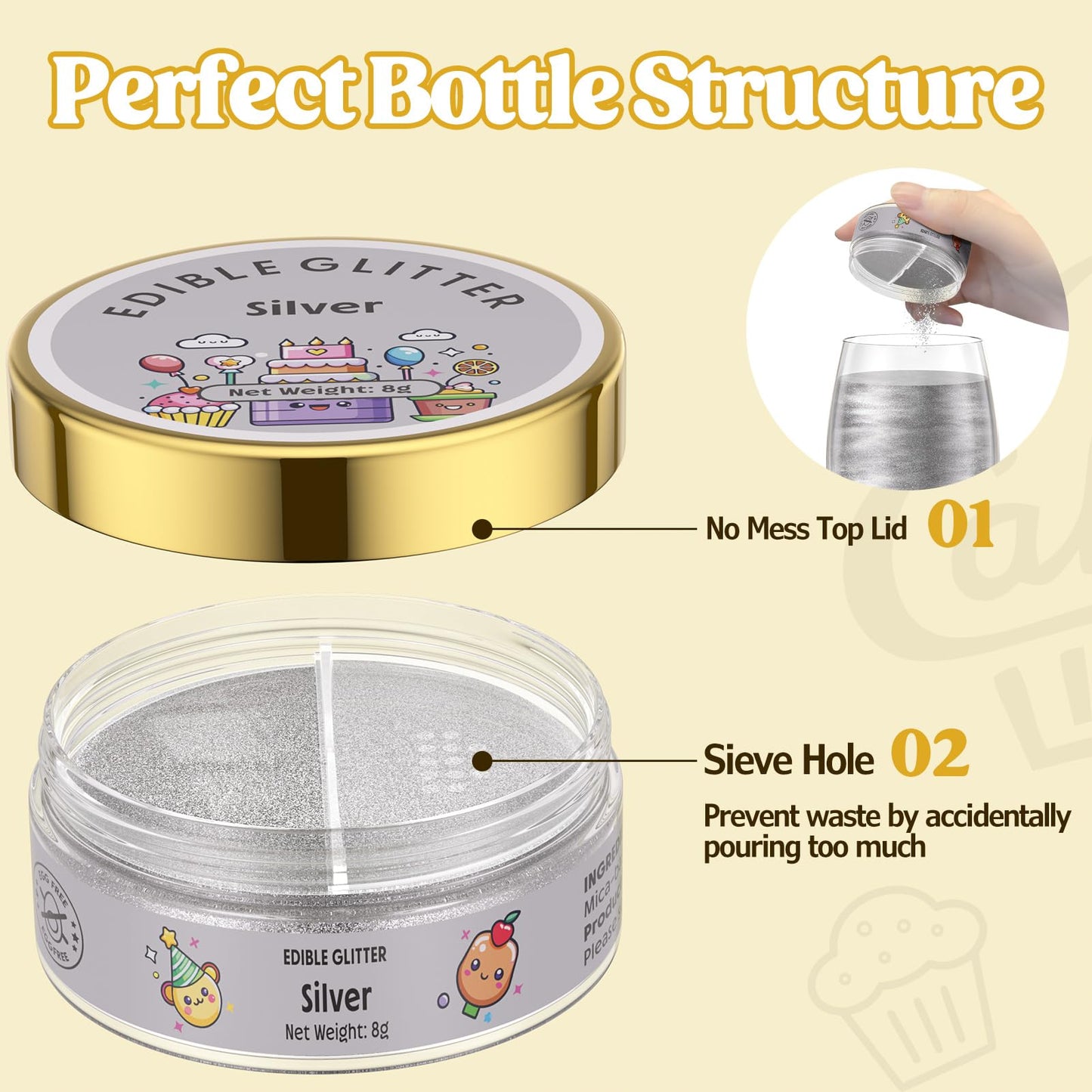 Nomeca Edible Glitter for Drinks and Cakes, 8g Food Grade Luster Dust, 2-Silver