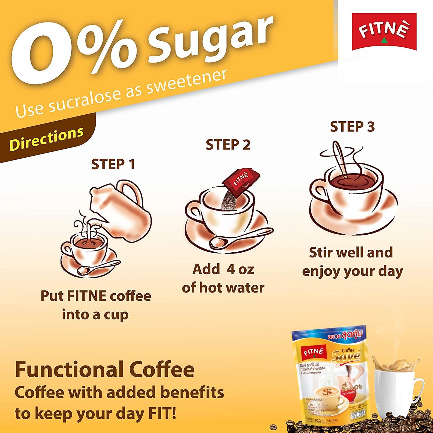FITNÈ Instant Coffee Packets with L-Carnitine, No Sugar, 18 Count