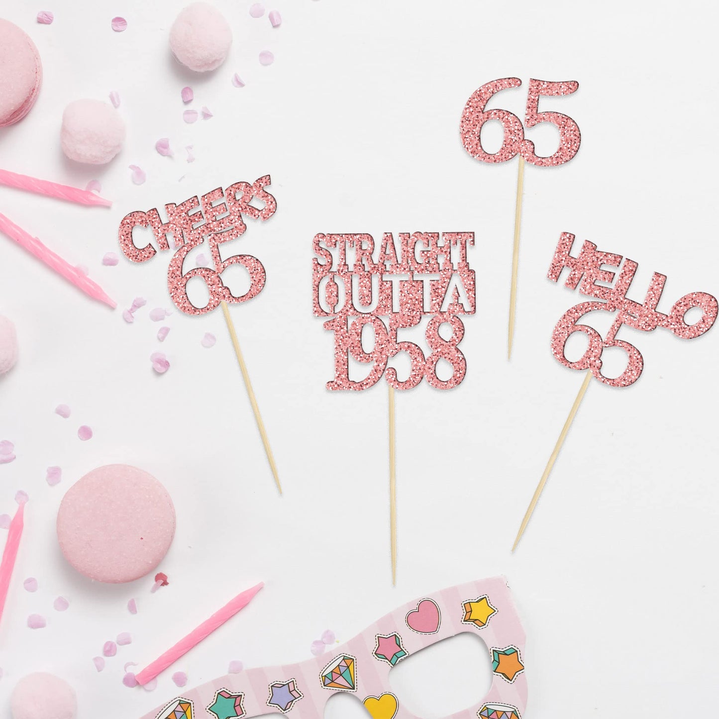 Gyufise 24Pcs Cheers to 65 Years Birthday Cupcake Toppers Glitter Sixty-five Straight Outta 1958 Cupcake Picks Happy 65th Cake D