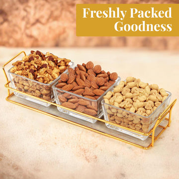 Nuts Gift Basket, Luxurious And Elegant 3 Sectional Premium Reusable Glass Tray, Perfect Fathers Day Gift Basket For Everyday Gi
