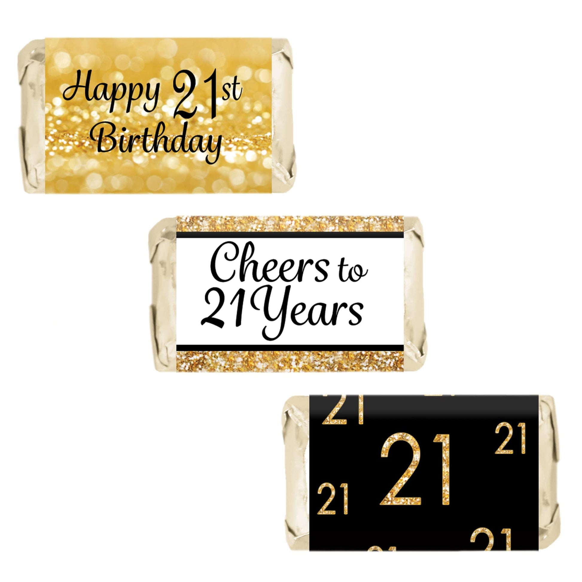 Distinctivs Black And Gold 21St Birthday Party Mini Candy Bar Wrappers - 45 Stickers, 21St Birthday Decorations