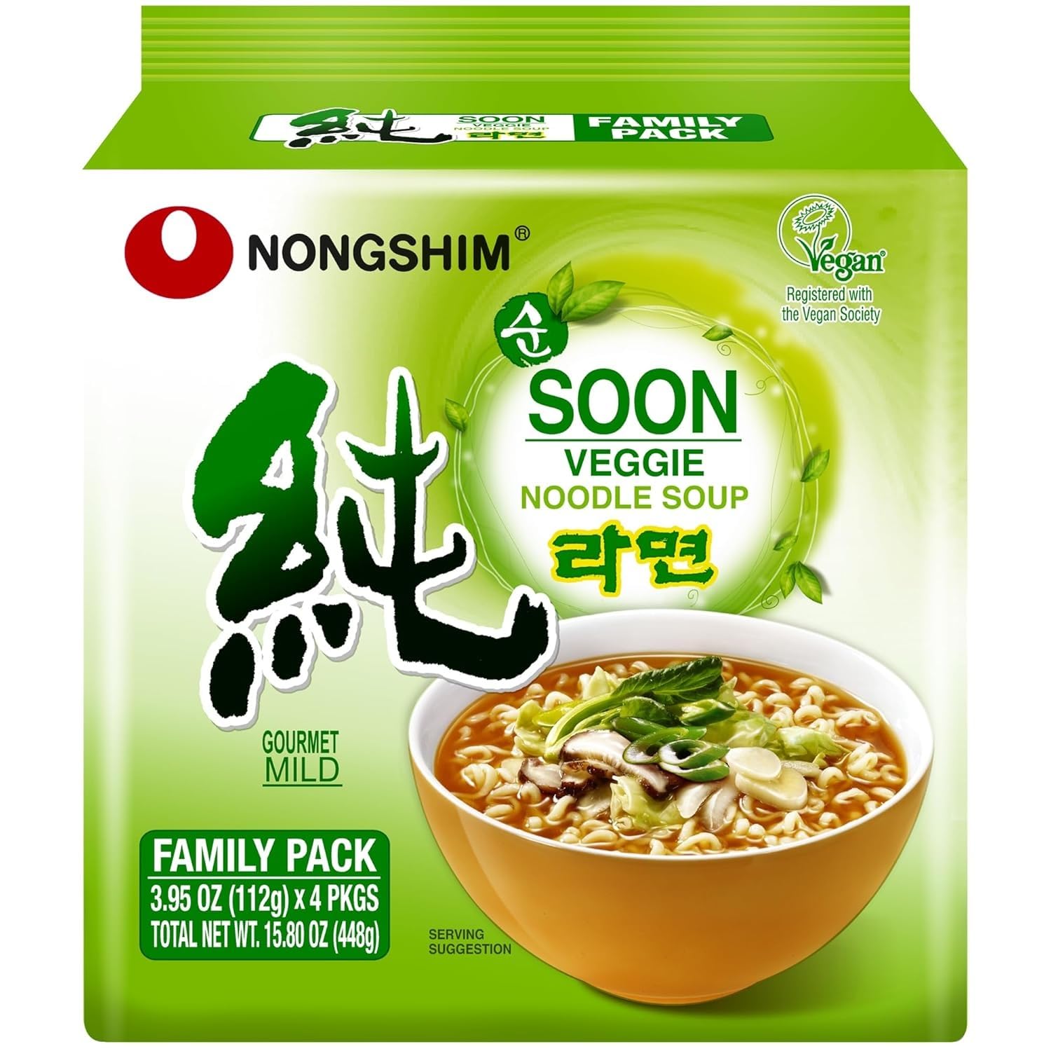 Nongshim Gourmet Soon Veggie Ramyun Vegan 4 pack, Mild Spicy, Dried Vegetable Flakes, Ramyun Noodles with Soup Mix