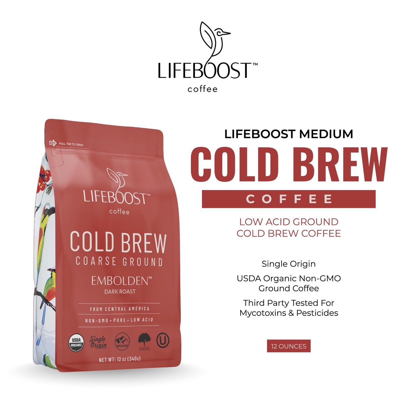 Lifeboost Dark Cold Brew Coffee - Low Acid Coarse Ground Coffee for Cold Brew - Single Origin Non-GMO USDA Organic Cold Brew Cof