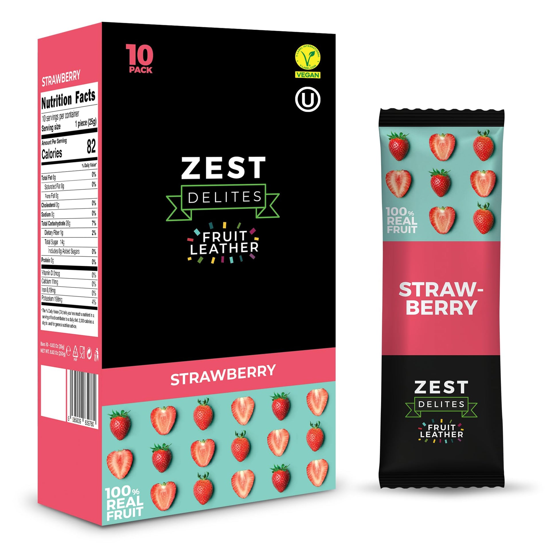 ZEST Delites Dried Fruit Bars, Vegan Strawberry Fruit Leather Snacks, 0.88 oz x 10