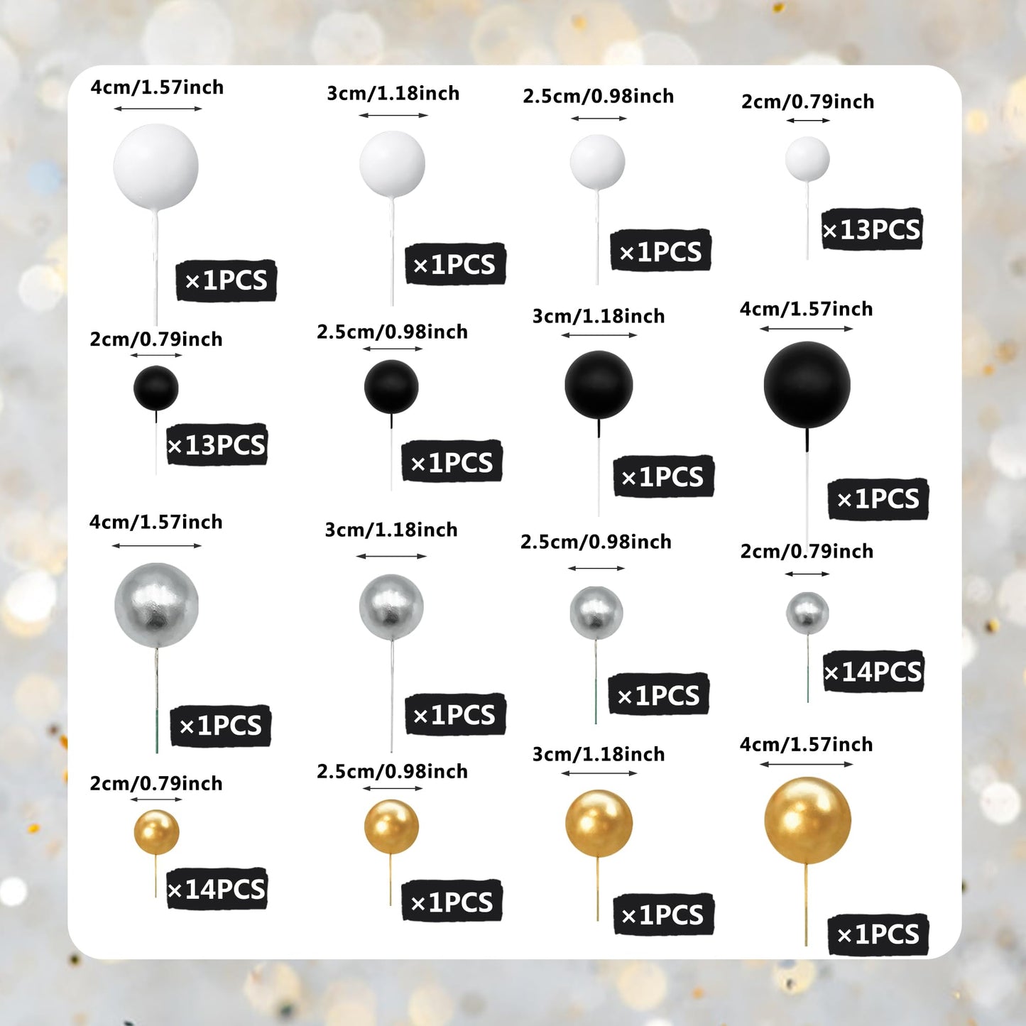 66 Pcs Ball Cake Picks Black Silver White Gold 4 Sizes For Diy Baking Decoration Cupcake Toppers And Wedding Anniversary Birthda