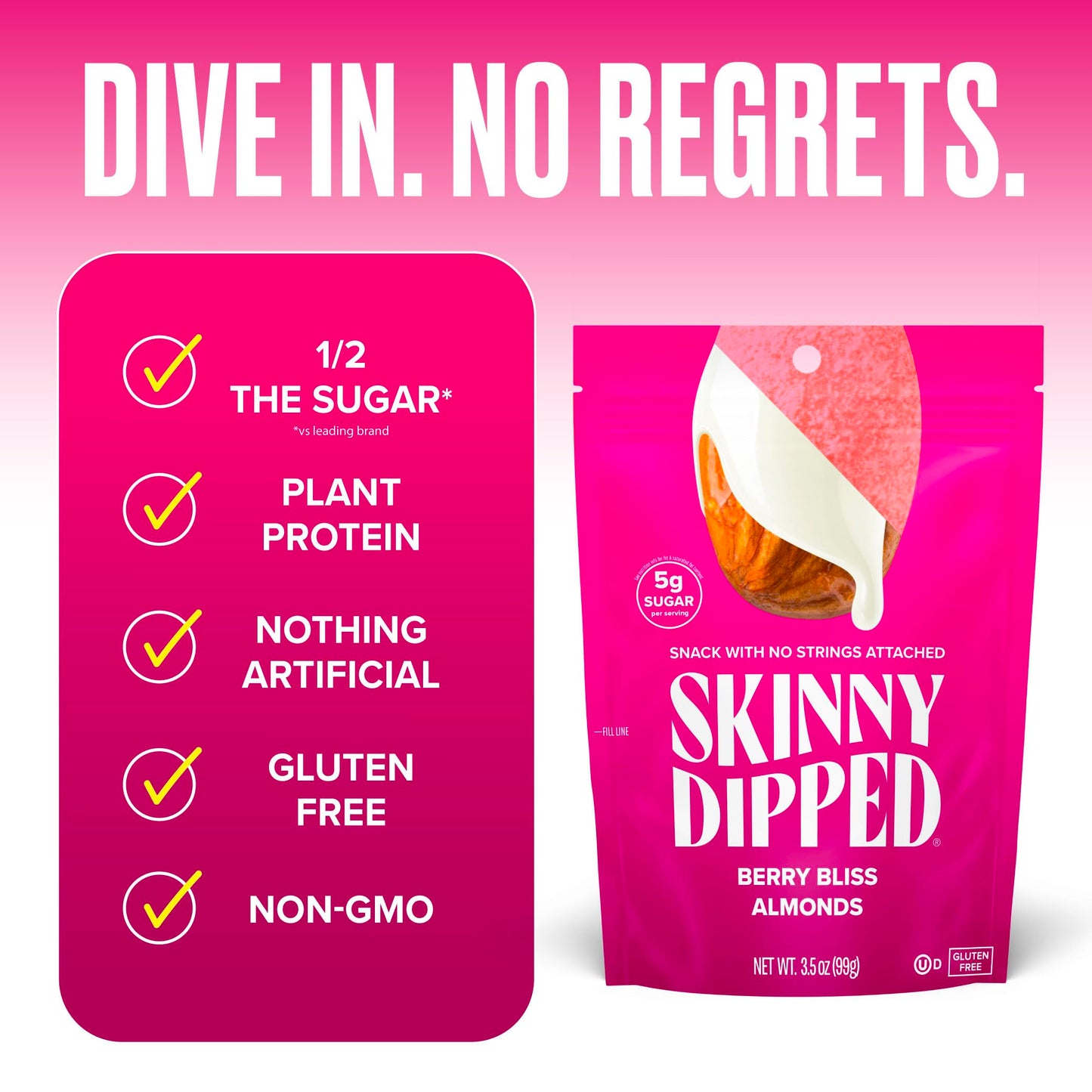 Skinnydipped Berry Bliss Yogurt Covered Almonds, Healthy Snack, Plant Protein, Gluten Free, 3.5Oz Resealable Bag, Pack Of 5
