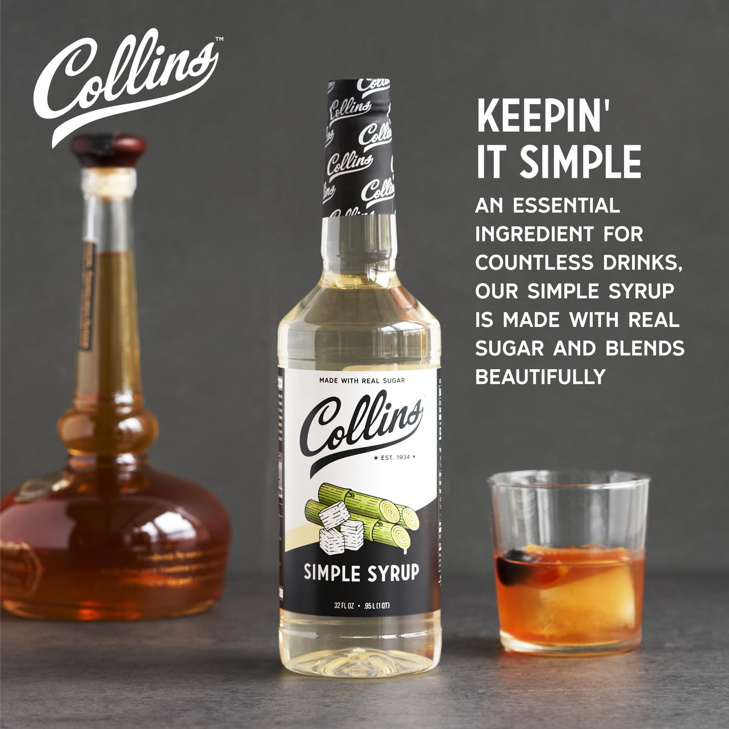 Collins Classic Simple Syrup, Real Sugar Cocktail Mixer, 32 Ounces, Set of 1