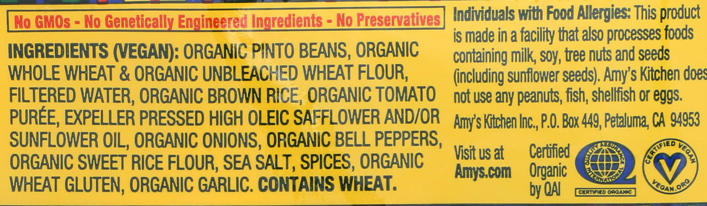 Amys Organic Non-Dairy Bean And Rice Burrito, 6 OZ