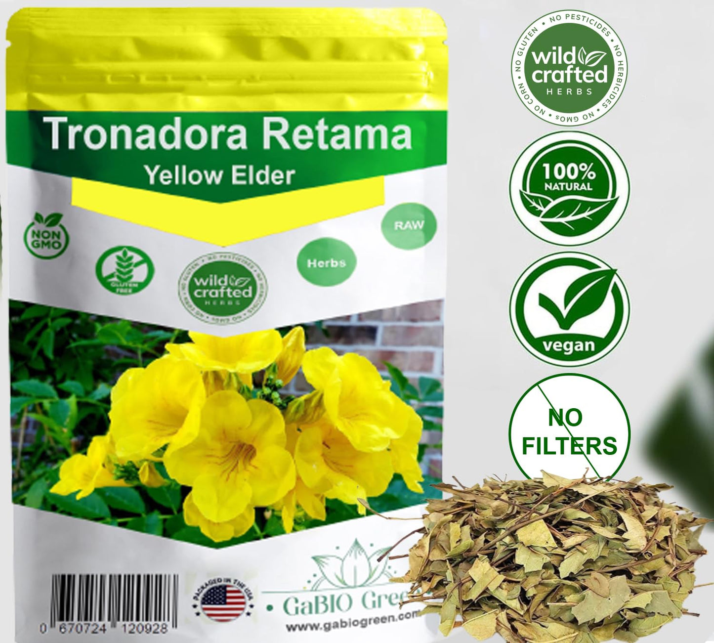 Gabio Green-Tronadora Retama, 16 Oz/ 1 Pound Gr Premium Quality Tronadora Tea, Resealeble Bag, Yellow Elder Herbs, Tronadora Hie