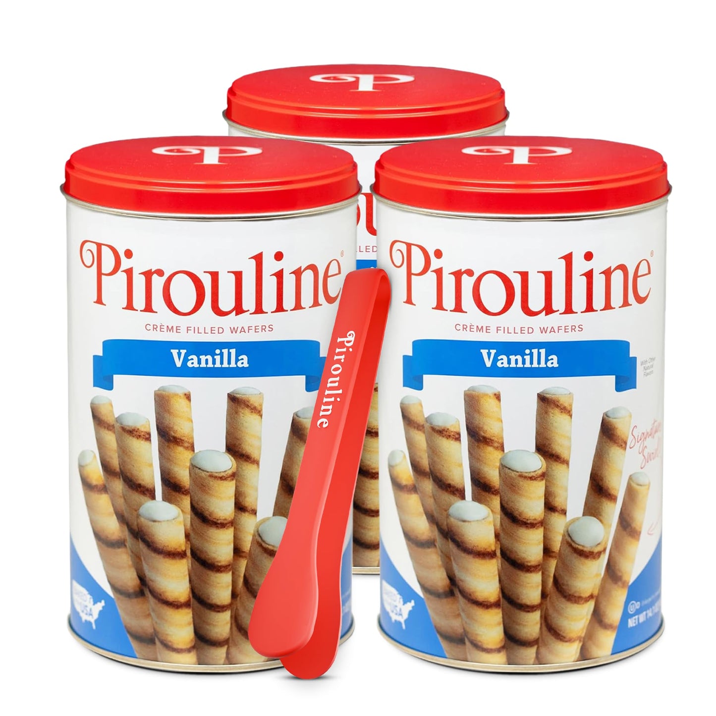 Pirouline Rolled Wafers – Vanilla Crème – Rolled Wafer Sticks Bundled With Serving Tongs, Crème Filled Wafers For Coffee, Tea, Ice Cream, Snacks, Parties, Gifts, And More – 14Oz Tin 3Pk
