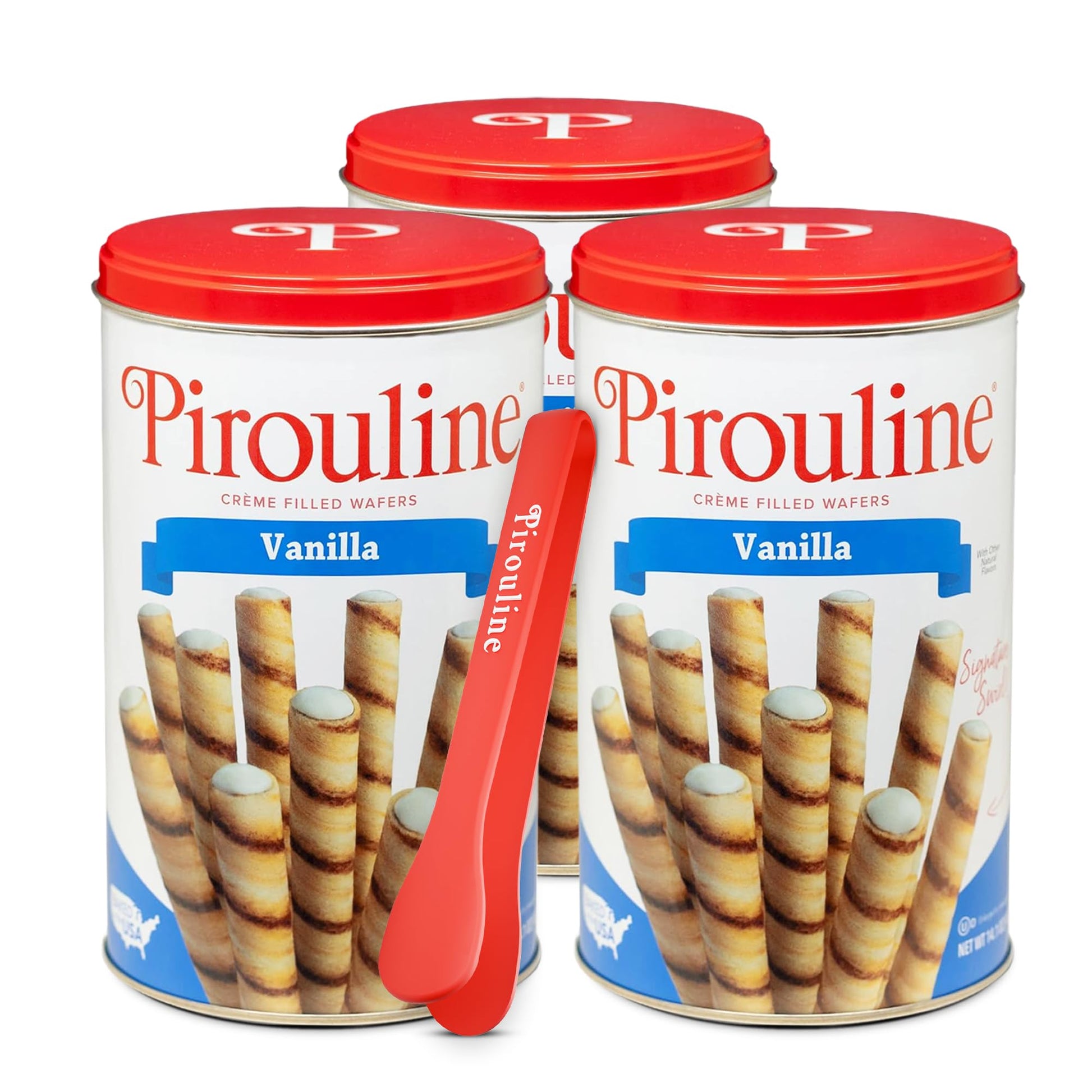 Pirouline Rolled Wafers – Vanilla Crème – Rolled Wafer Sticks Bundled With Serving Tongs, Crème Filled Wafers For Coffee, Tea, Ice Cream, Snacks, Parties, Gifts, And More – 14Oz Tin 3Pk