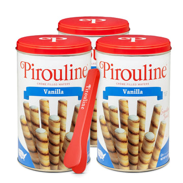 Pirouline Rolled Wafers – Vanilla Crème – Rolled Wafer Sticks Bundled With Serving Tongs, Crème Filled Wafers For Coffee, Tea, Ice Cream, Snacks, Parties, Gifts, And More – 14Oz Tin 3Pk