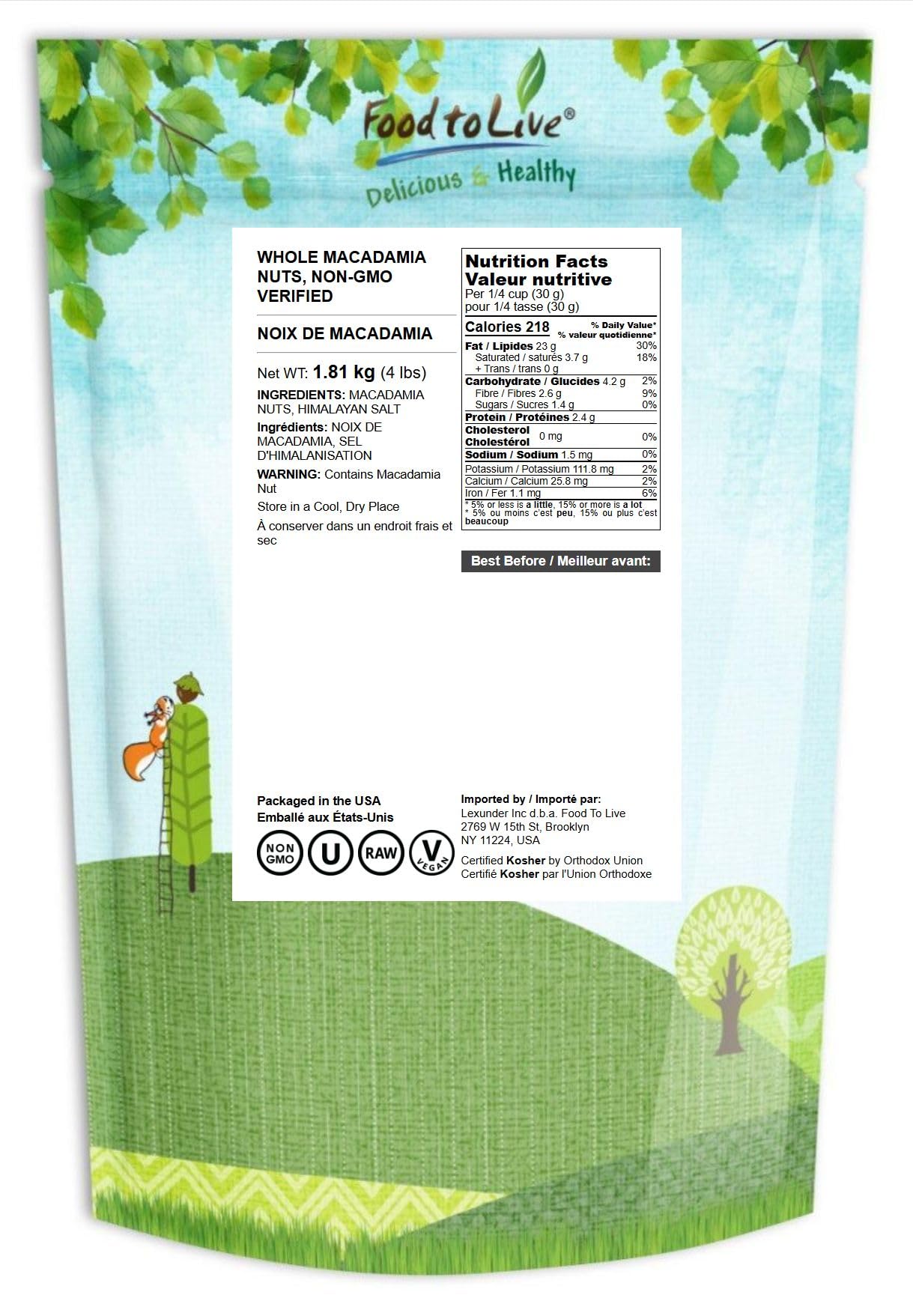 Food to Live Whole Macadamia Nuts, 4 Pounds - Non-GMO Verified, Raw, Unsalted, Unroasted, Keto Friendly, Kosher, Vegan, Bulk, Gr