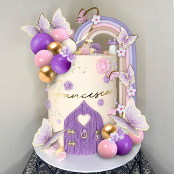 25Pcs Rainbow Cake Topper Balls Cake Decorations Boho Cake Topper With Purple Pink Balls Artificial Flowers And Butterflies For