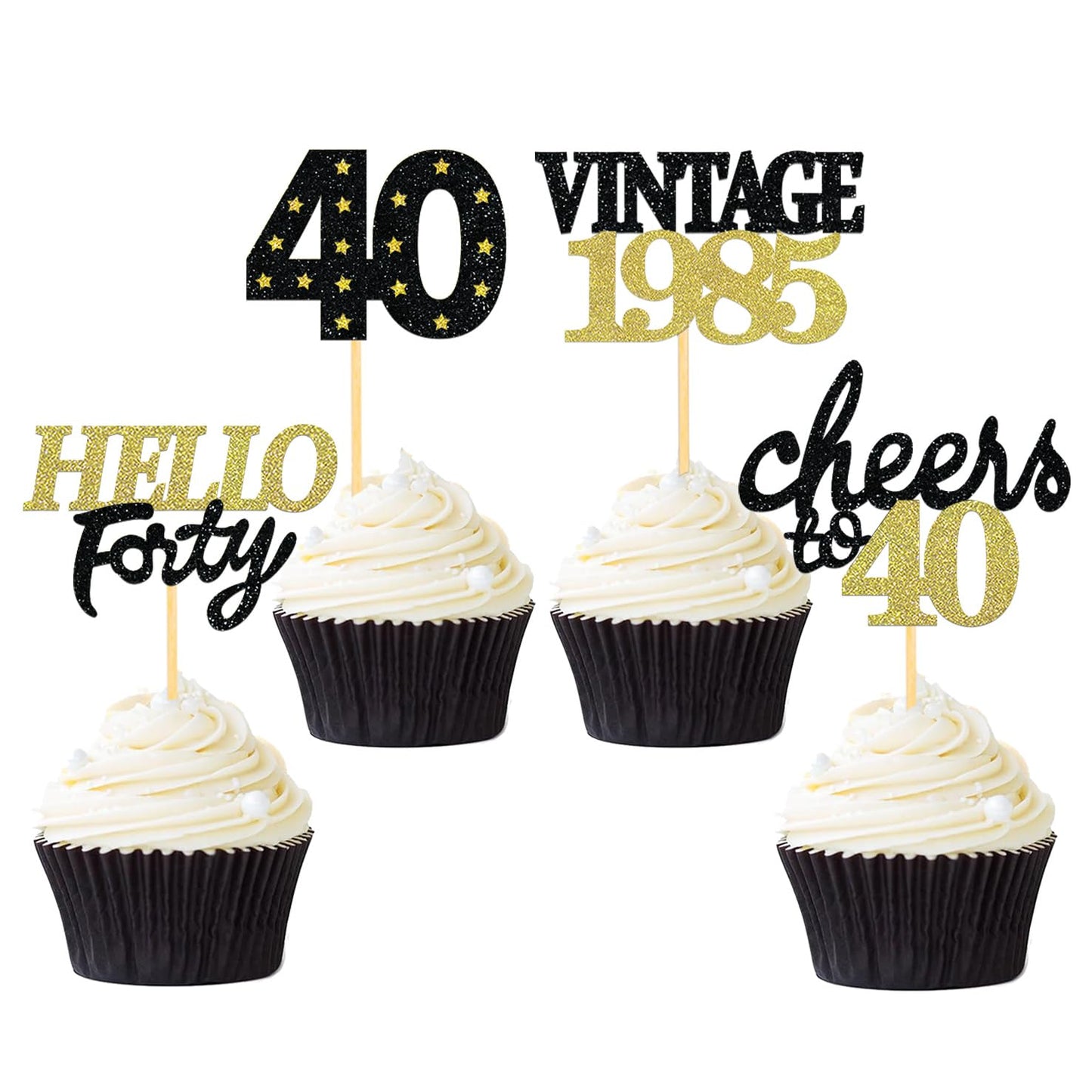 24 Pcs Glitter 40th Birthday Cupcake Toppers for Celebrating Forty Years Old Birthday Party Decorations (Black&Gold)