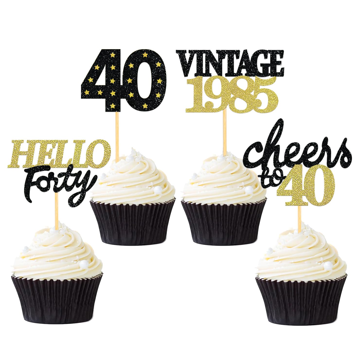 24 Pcs Glitter 40th Birthday Cupcake Toppers for Celebrating Forty Years Old Birthday Party Decorations (Black&Gold)