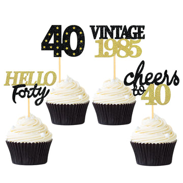 24 Pcs Glitter 40th Birthday Cupcake Toppers for Celebrating Forty Years Old Birthday Party Decorations (Black&Gold)