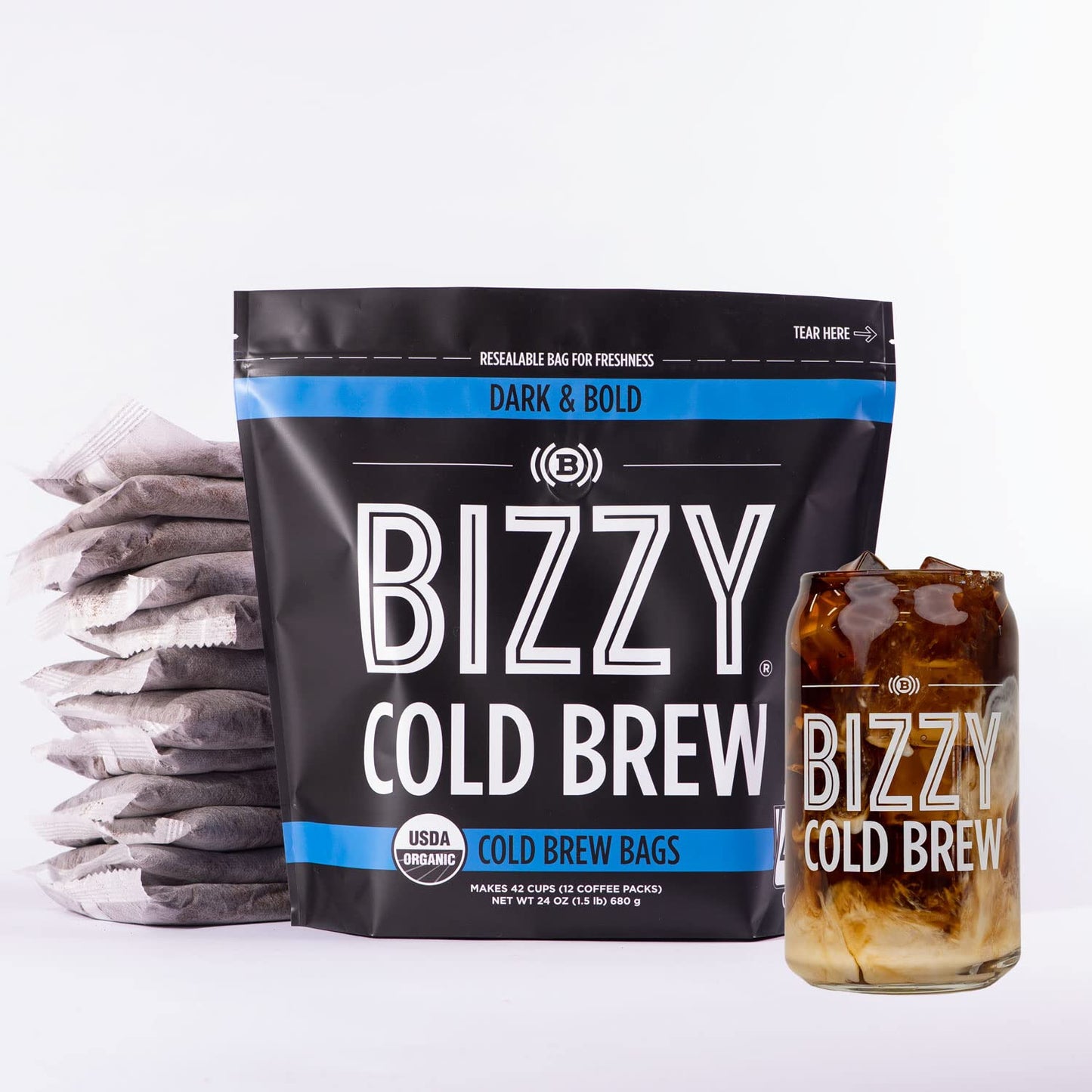 Bizzy Organic Cold Brew Coffee | Dark & Bold Blend | Coarse Ground Coffee | Dark Roast | Micro Sifted | Specialty Grade | 100% Arabica | Brew Bags | 12 Count | Makes 42 Cups