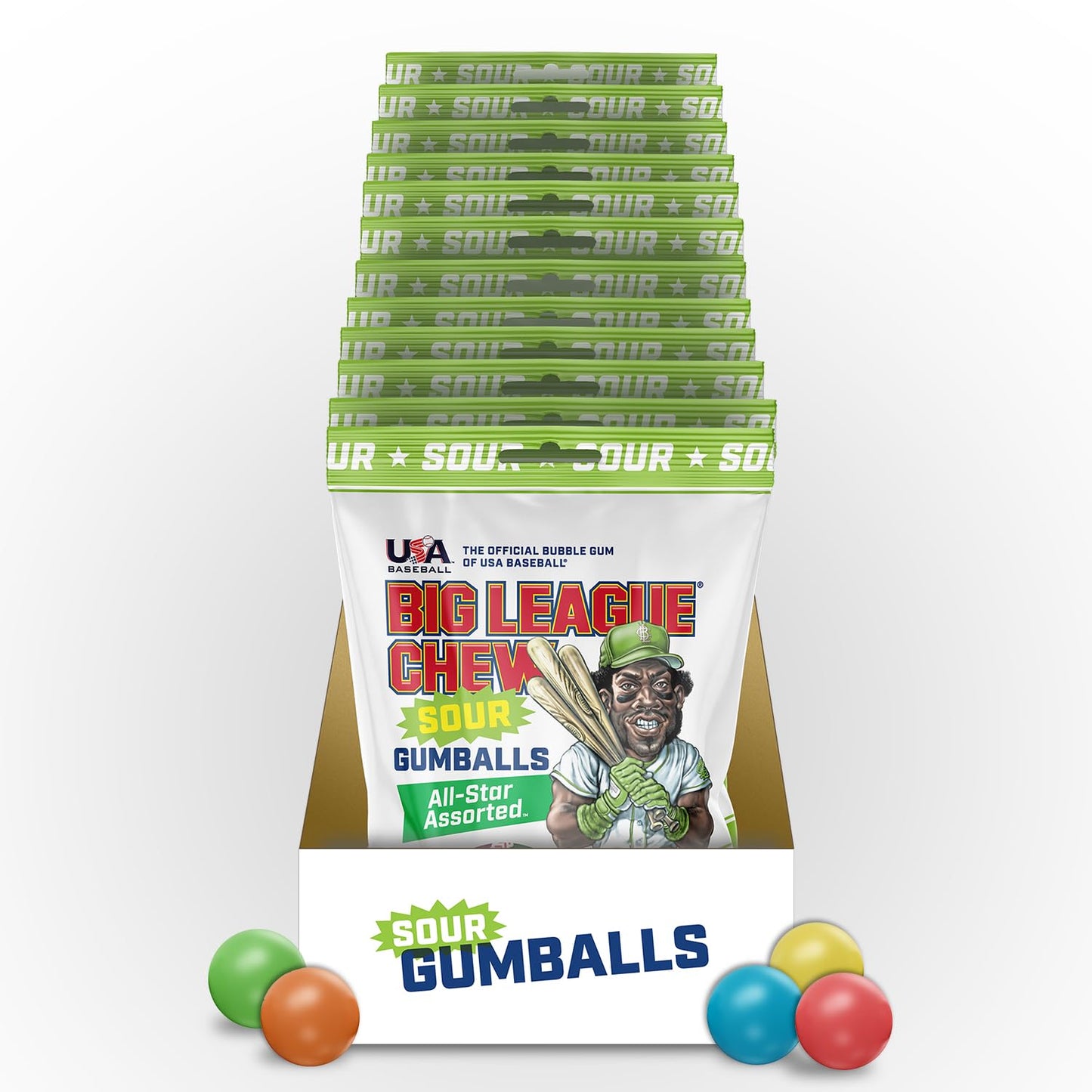 Big League Chew Sour Gumballs Pack of 12 Bags, 3oz Each, Assorted Bright Colors