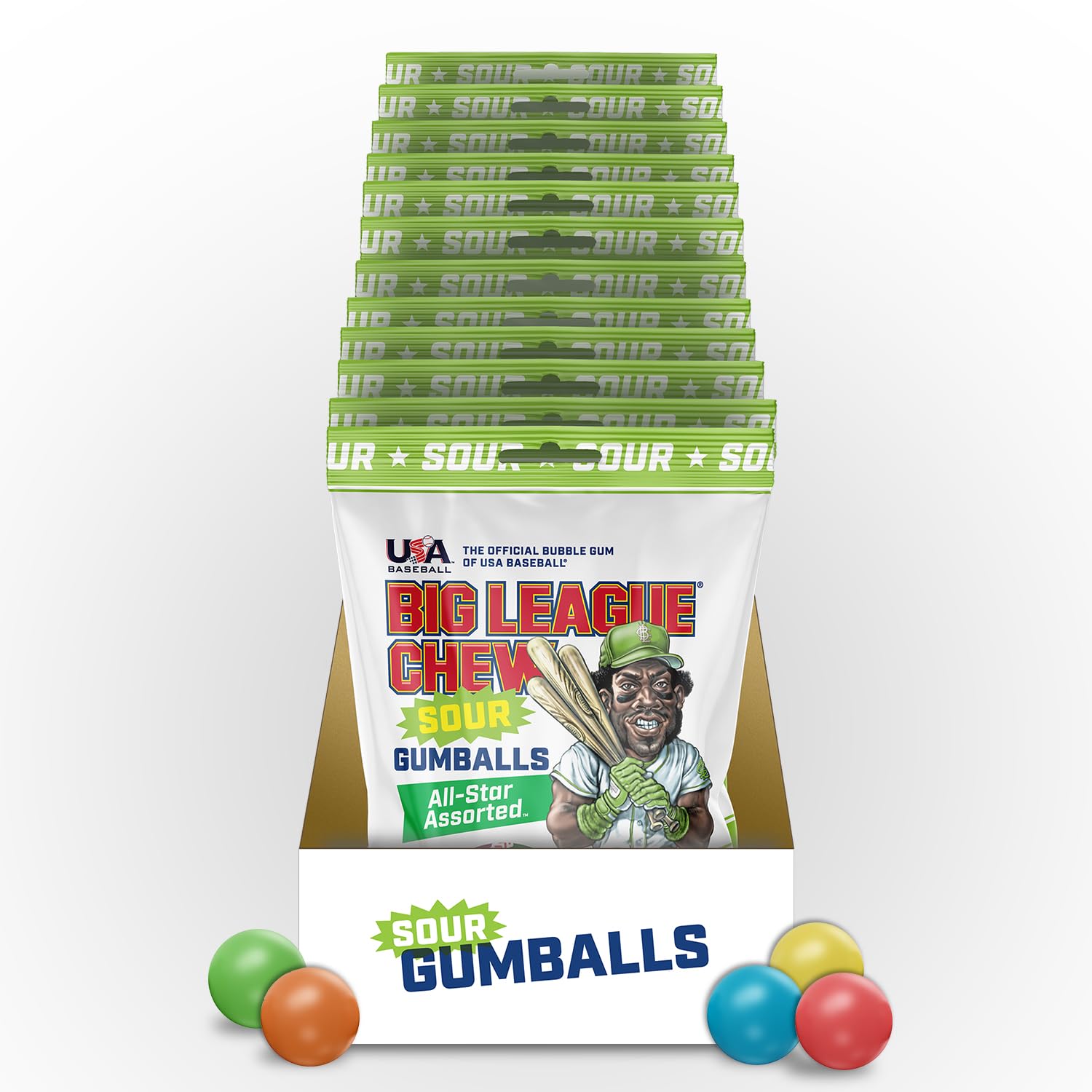 Big League Chew Sour Gumballs Pack of 12 Bags, 3oz Each, Assorted Bright Colors