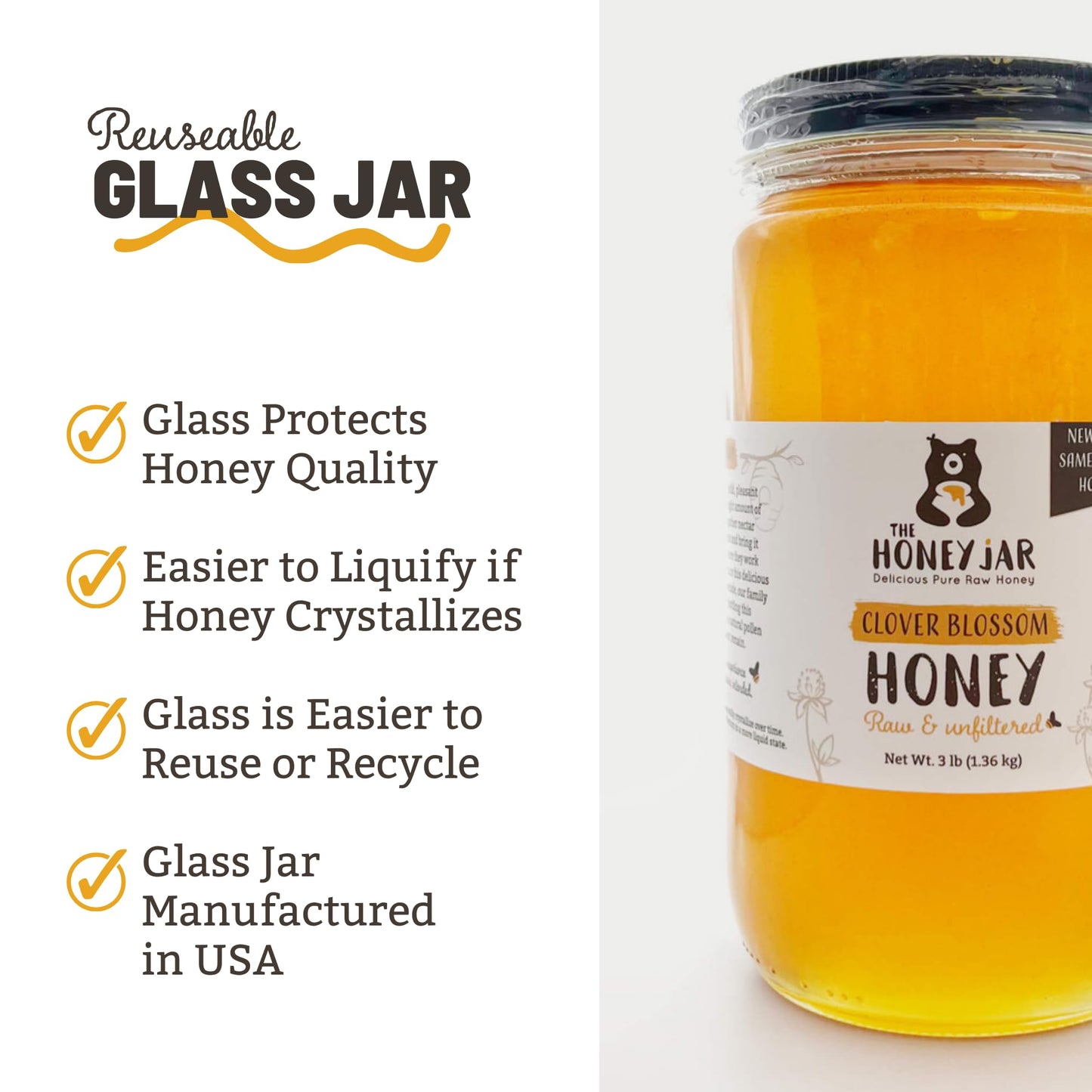 The Honey Jar Raw Clover Honey, Unfiltered & Unpasteurized, 48oz Jar