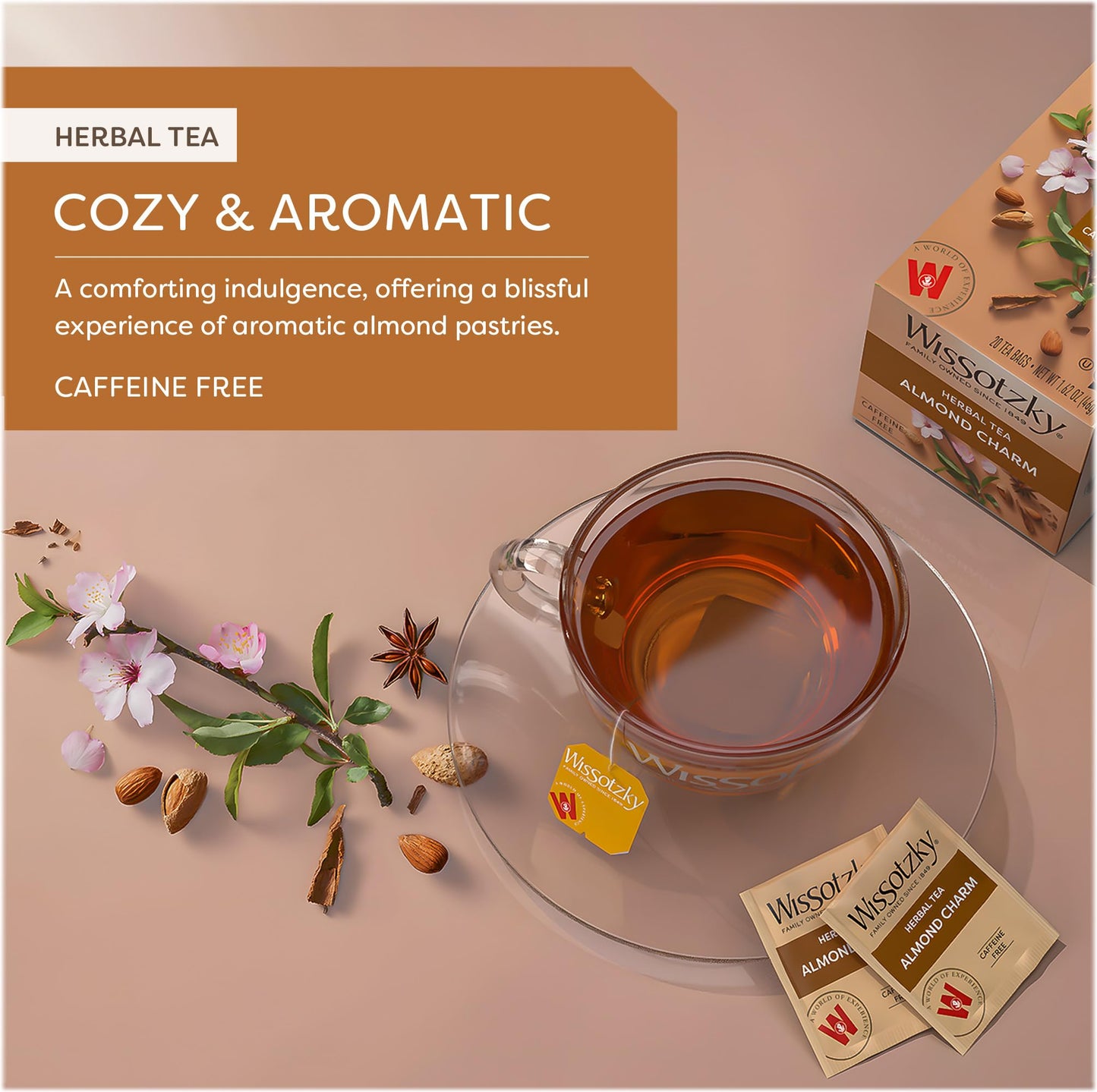 Wissotzky Almond Charm Herbal Tea Bags (3 Pack - 60 Tea Bags) | Caffeine Free | “Aka Chemdat Hashaked” | Delicious Aroma