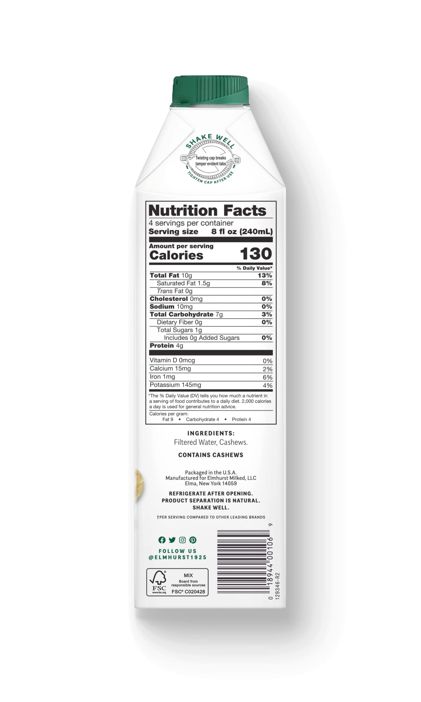 Elmhurst 1925 Cashew Milk, Unsweetened Cashew Milk, Shelf Stable Cashew Milk, Vegan, Kosher, Nondairy, Sugar Free, Non Gmo, Plan