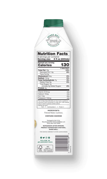Elmhurst 1925 Cashew Milk, Unsweetened Cashew Milk, Shelf Stable Cashew Milk, Vegan, Kosher, Nondairy, Sugar Free, Non Gmo, Plan