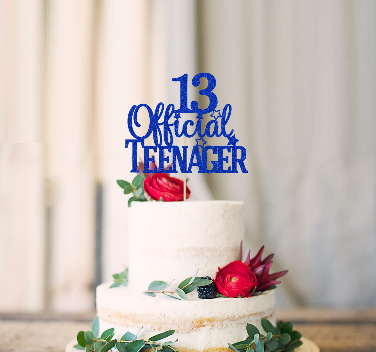 Blue Glitter 13 Official Teenager Cake Topper, Cheers To 13 Years Decor, 13Th Birthday Party Decorations