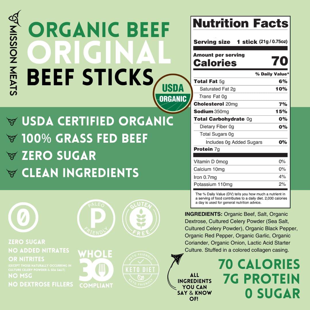 Mission Meats Beef Sticks - 100% Usda Certified Organic Snacks For Kids And Toddlers - Made With Organic, Grass Fed, And Pasture