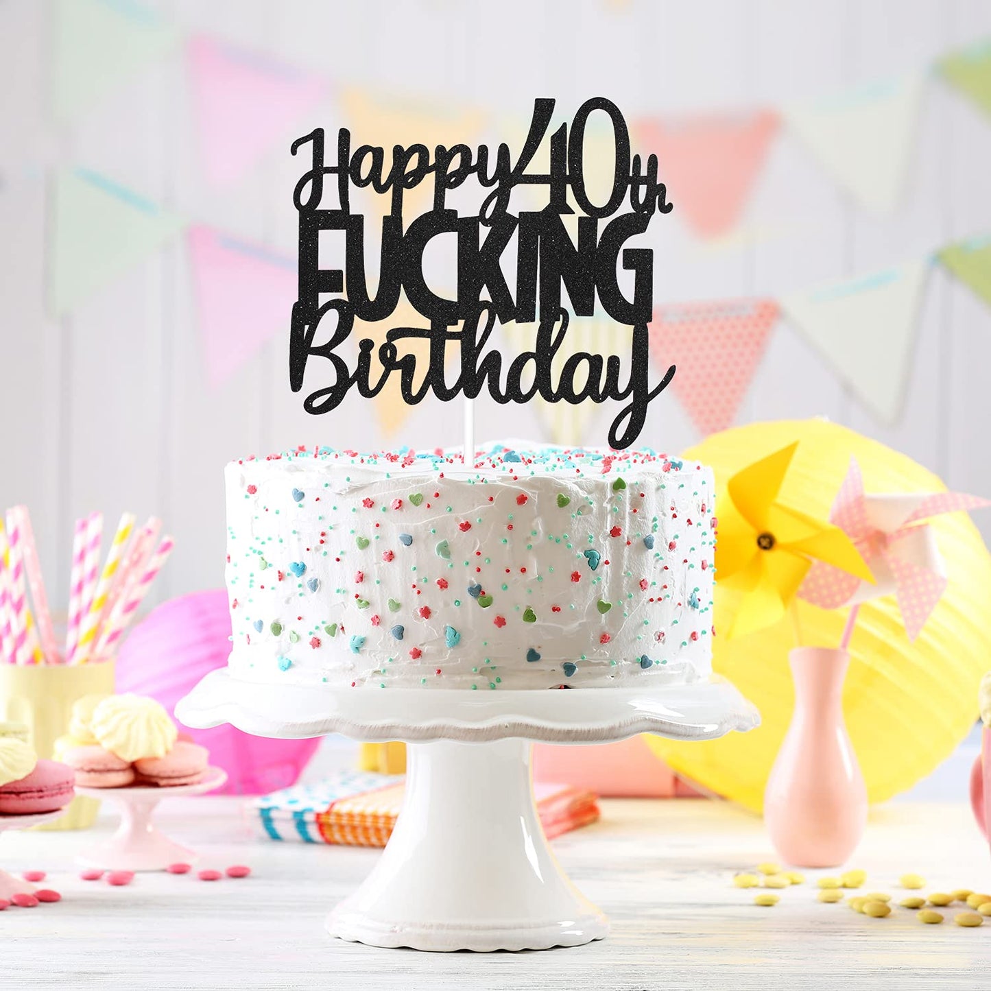 Caiwowo Happy 40th Birthday Cake Topper - Black Glitter Cardstock Decoration