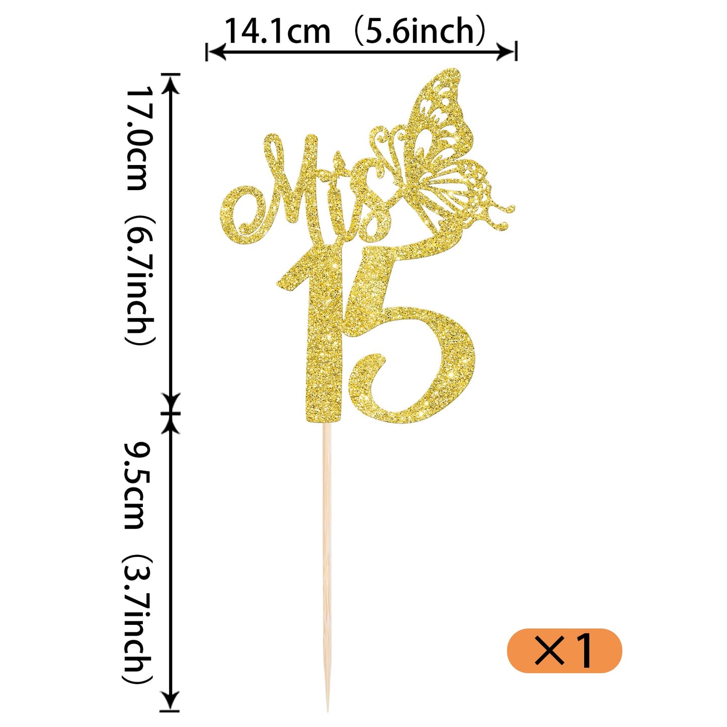 Rssta i Cake Topper - Happy 15th Birthday Decoration, Gold Glitter, Cardstock, Design 2