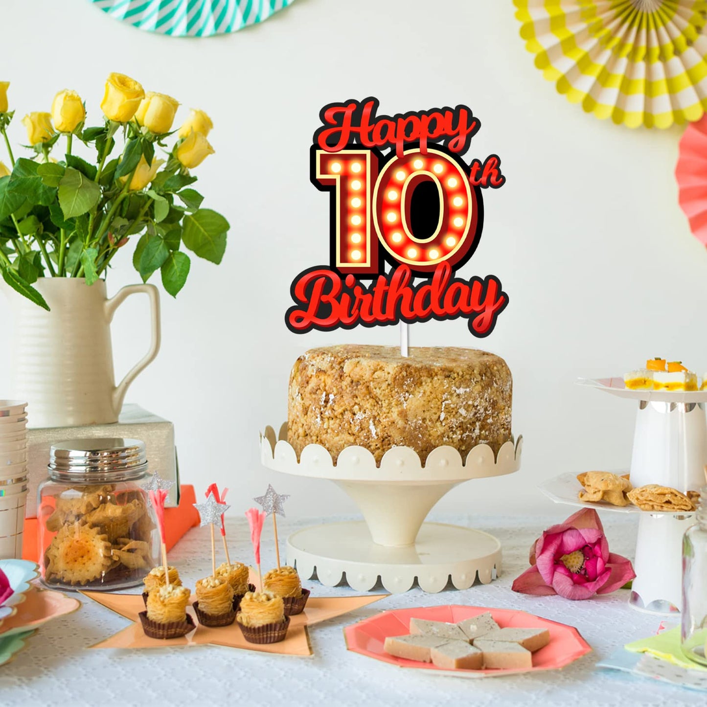 Happy 10Th Birthday Cake Topper Fluorescent Flashing Night Out Hen Movie Nightclub Theme Decor Supplies Boy Girl Happy Birthday
