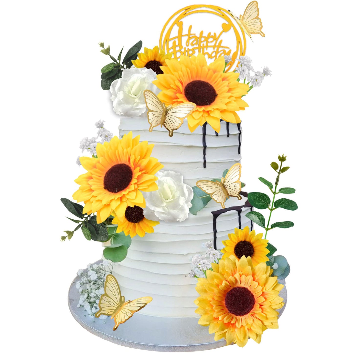 Drwate Sunflower Cake Topper, 28 Pcs Multicolor Acrylic, Silk - Baby Shower, Wedding Decorations, Butterfly, Eucalyptus, Rose, H