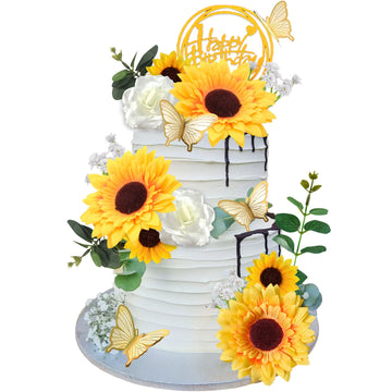 Drwate Sunflower Cake Topper, 28 Pcs Multicolor Acrylic, Silk - Baby Shower, Wedding Decorations, Butterfly, Eucalyptus, Rose, H