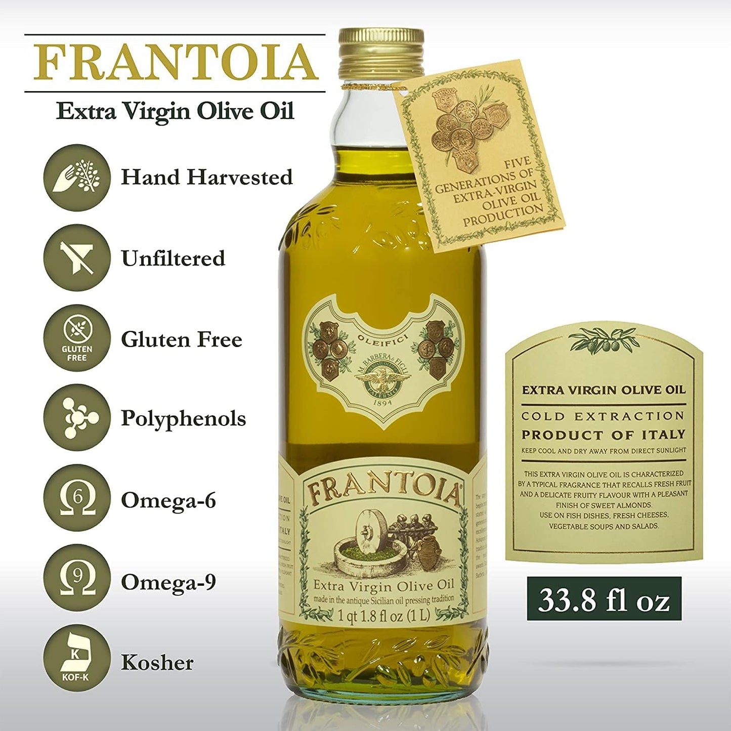 FRANTOIA Barbera Frantoia Sicilian Extra Virgin Olive Oil, 34-Ounce (33.8 Fl Oz) - Premium Quality, Rich Flavor, Ideal for Cooking and Dressings