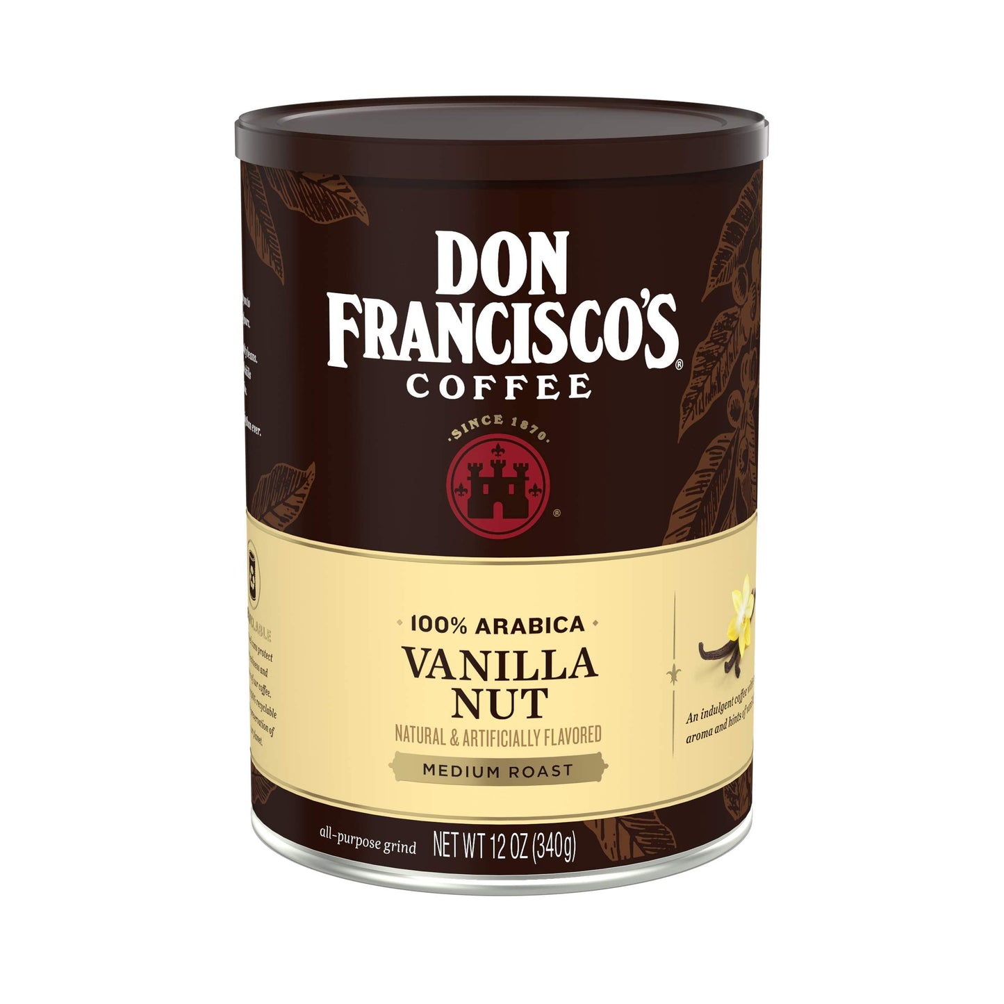 Don Franciscos Ground Flavored Coffee, Premium Vanilla Nut, 100% Arabica Beans, 12 oz Can, Neutral Color