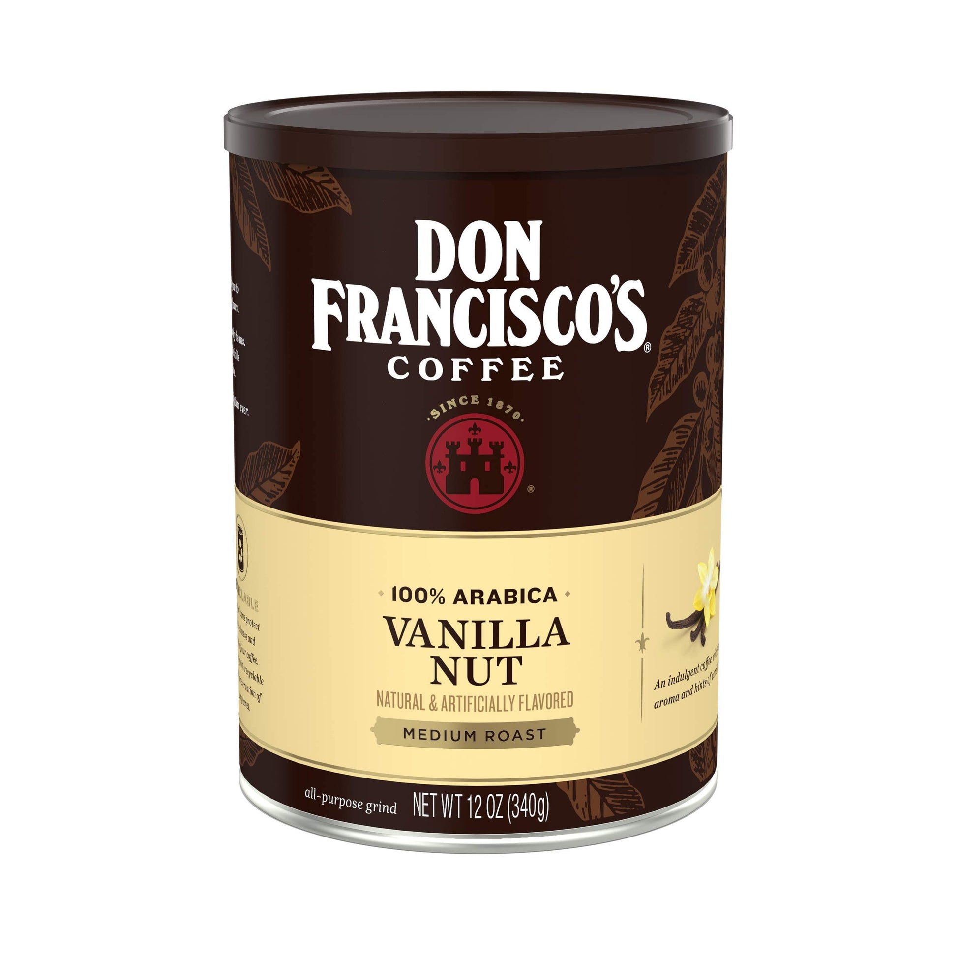 Don Franciscos Ground Flavored Coffee, Premium Vanilla Nut, 100% Arabica Beans, 12 oz Can, Neutral Color