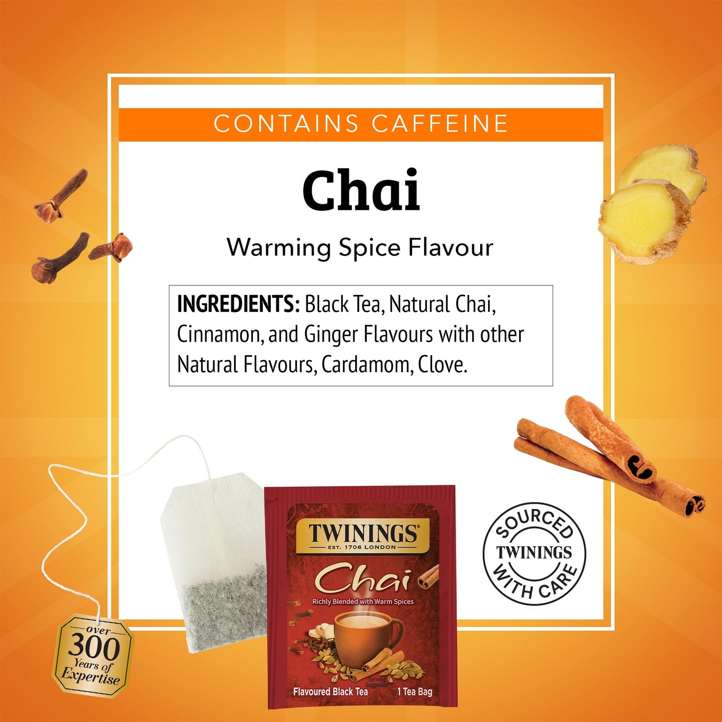 Twinings Chai Black Tea Individually Wrapped Bags, 20 Count (Pack of 6), Sweet, Savoury Spices, Caffeinated, Enjoy Hot or Iced,