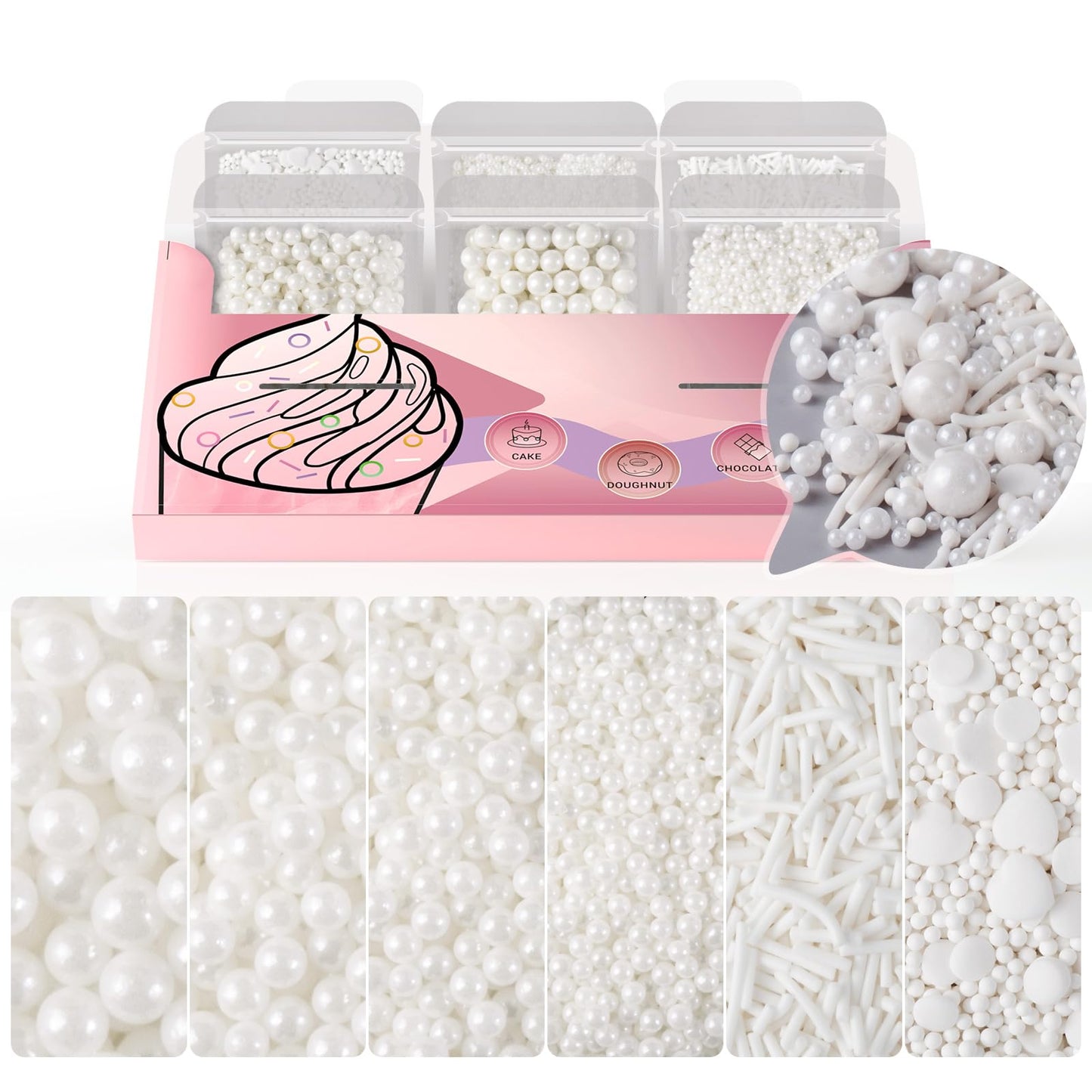 HUEBEATY 6-in-1 White Edible Cake Pearls Sprinkles for Cake Decorating, Cupcakes, Cookies & Ice cream | 180g/6.36oz | White Nonp
