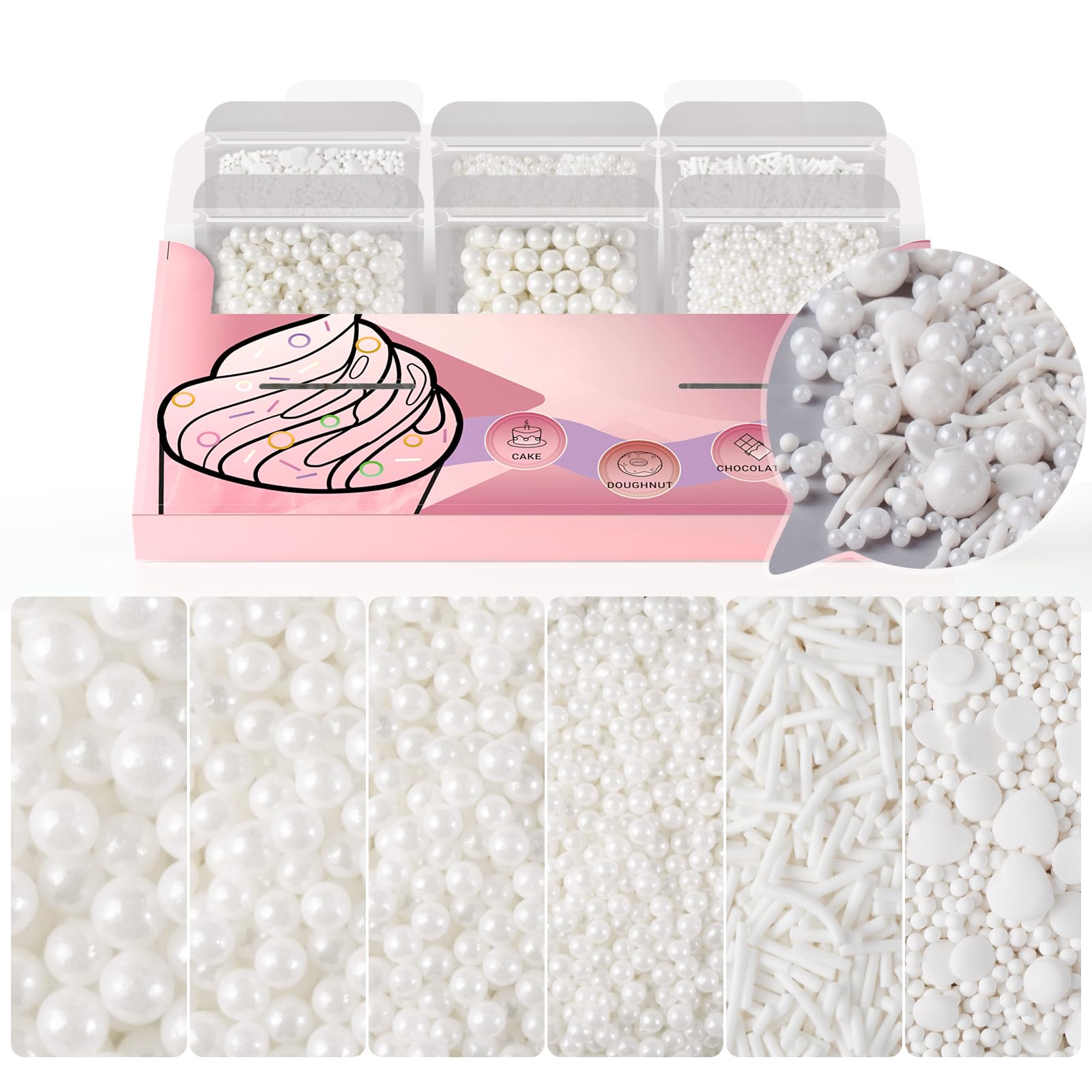 HUEBEATY 6-in-1 White Edible Cake Pearls Sprinkles for Cake Decorating, Cupcakes, Cookies & Ice cream | 180g/6.36oz | White Nonp