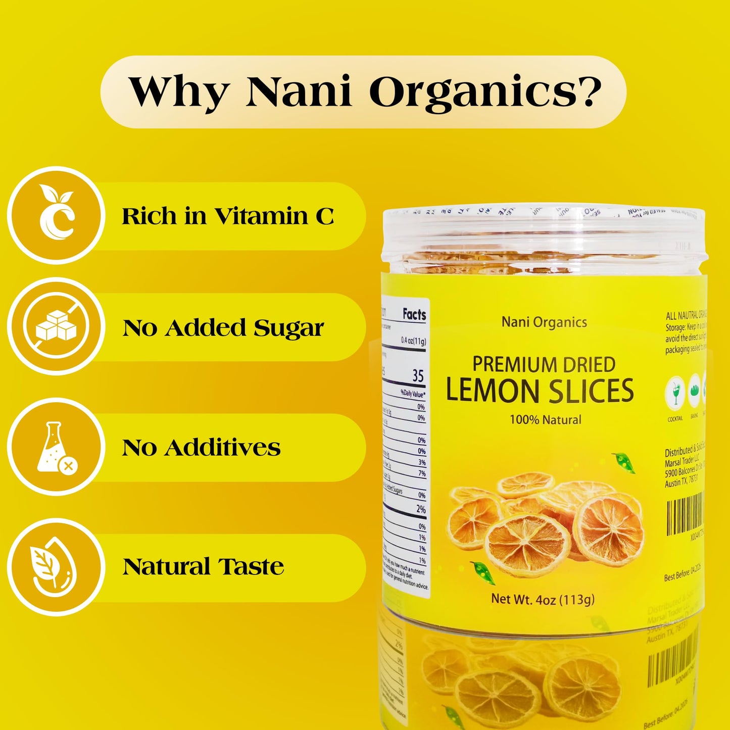 Nani Organics Premium Dried Lemon Slices – 100% Natural, Handpicked, Additive-Free, 4oz (113g) for Cocktails, Teas, Baking, Crafts
