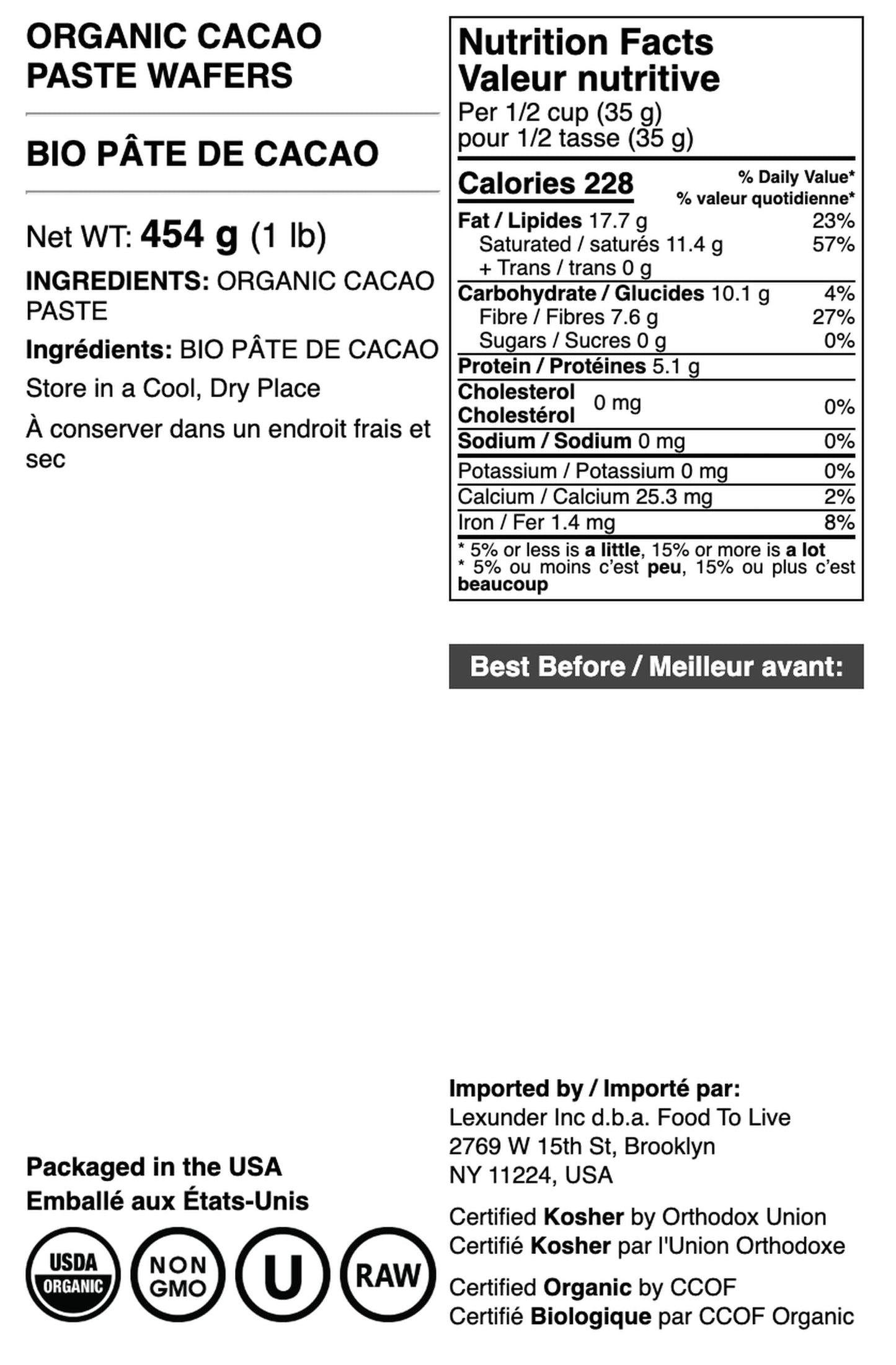 Food to Live Organic Cacao Paste - Non-GMO, Keto, Vegan, 1 Pound