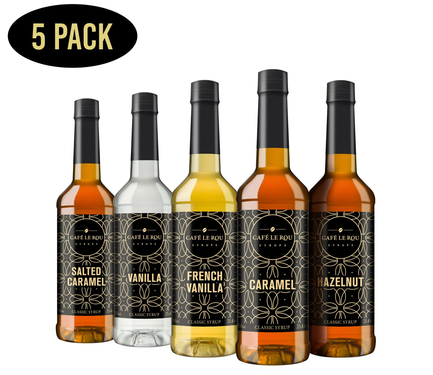 Caf? Le Rou Coffee Syrup Variety 5-Pack- 25.4 oz Vanilla  French Vanilla  Caramel  Salted Caramel  Hazelnut Coffee Flavoring Syrup for Coffee  Tea and Espresso