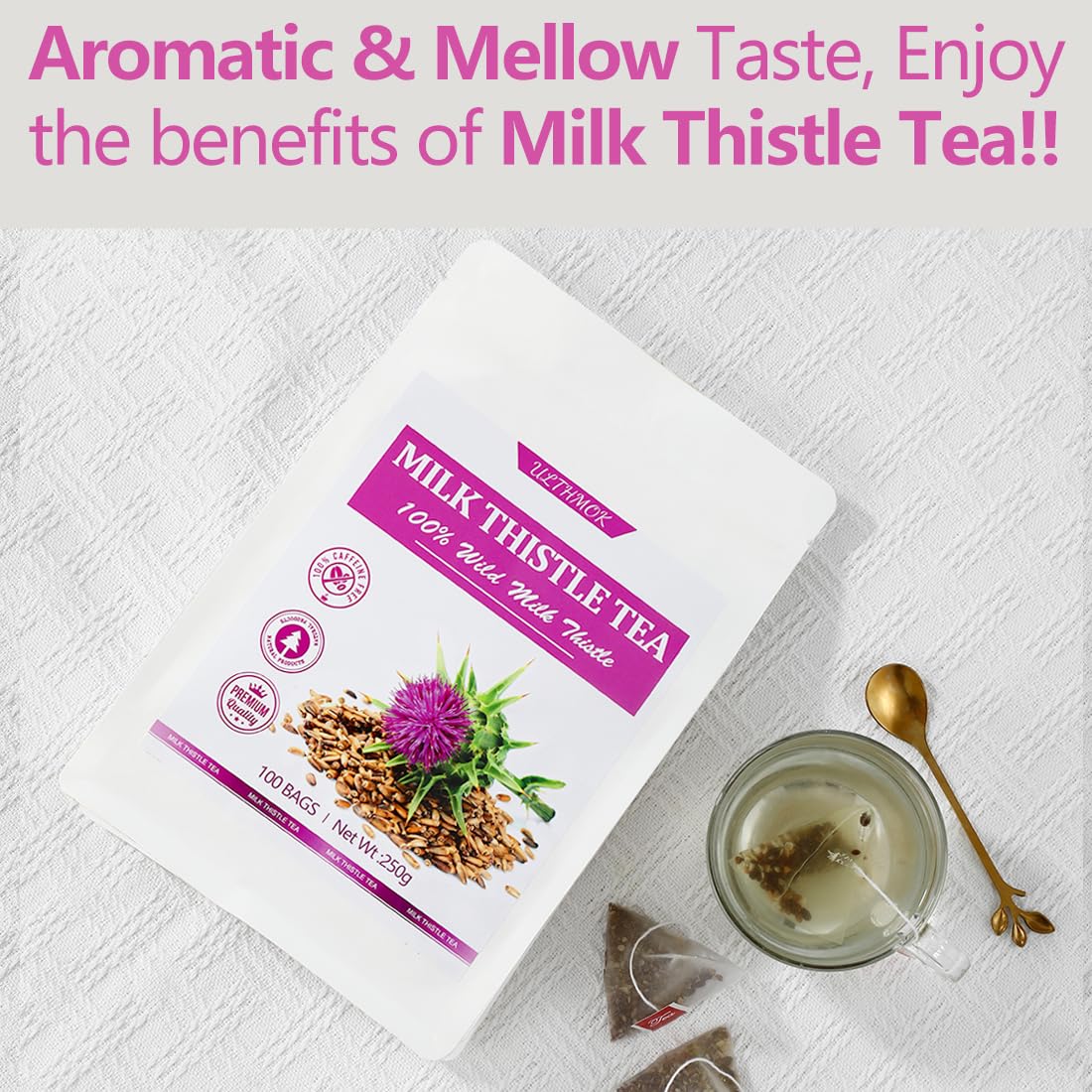 ULTHMOK Milk Thistle Tea Bags, 100% Wild Seeds, Caffeine Free, 100 Count