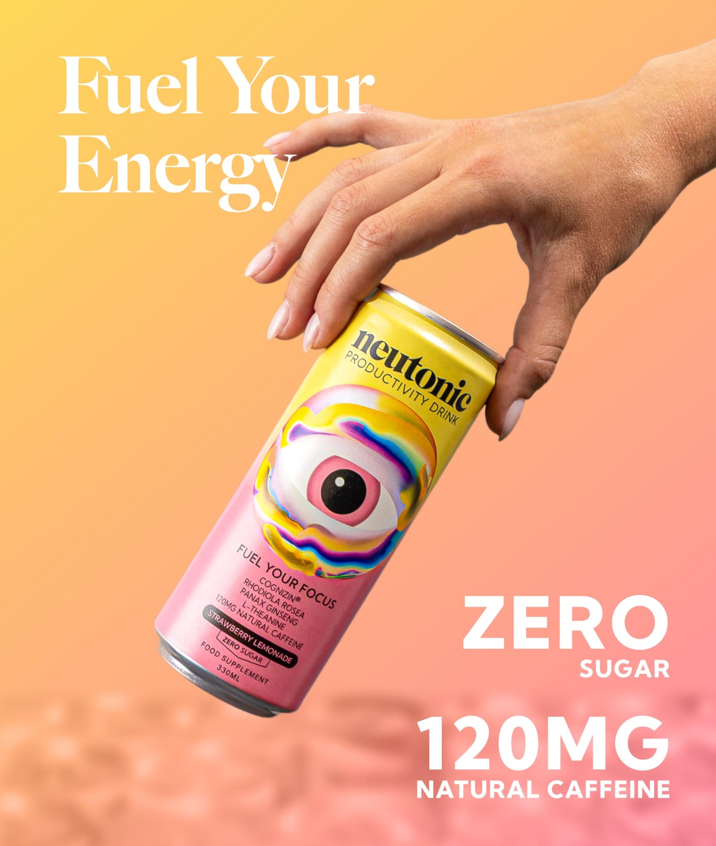 Neutonic Nootropic Energy Drink, Strawberry Lemonade, 120mg Caffeine, Zero Sugar, 12 Cans, 11.16 Fl Oz Each
